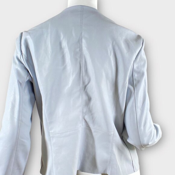 NWT BAGATELLE Light Blue Gray Faux Leather Draped Open Front Jacket, size Small - Picture 3 of 9